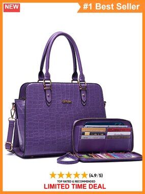 Vegan PU Leather Satchel Handbag and Wallet Set Structured Top Handle Crossbody
